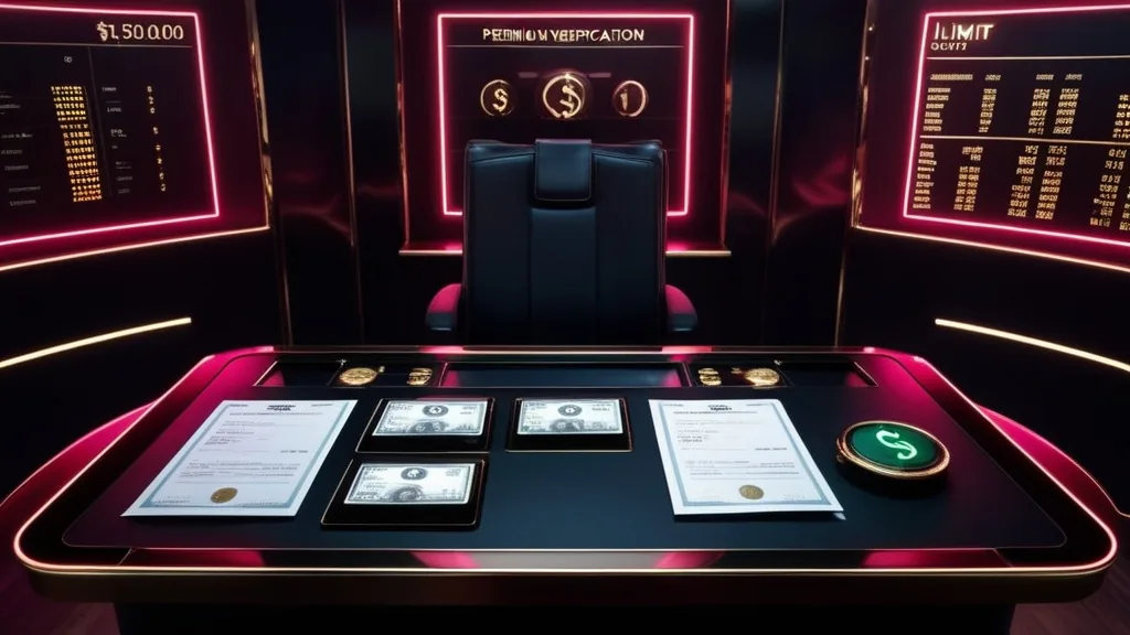Mesa de casino com documentos de verificação e regras de pagamento em destaque