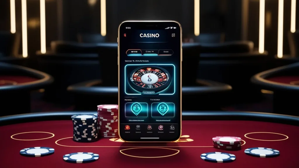 Telemóvel com a aplicação West Aces num ambiente de casino escuro