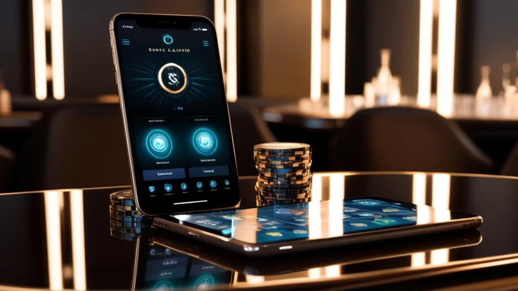 iPhone e iPad com a aplicação West Aces num ambiente de casino escuro