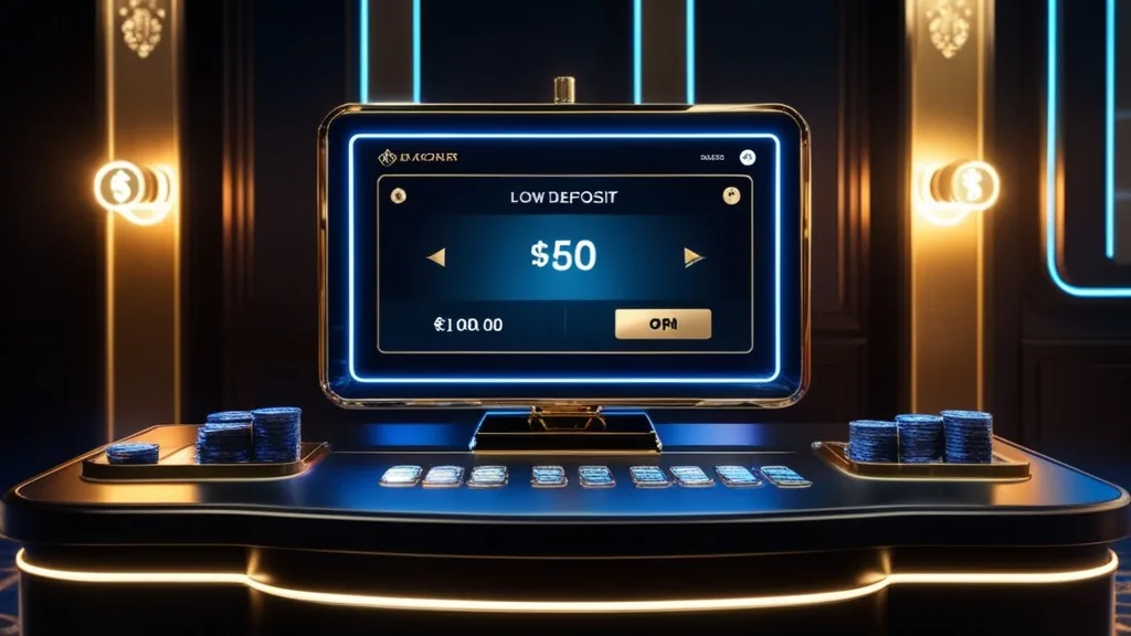 Caixa de casino com valor mínimo de depósito em destaque numa tela brilhante