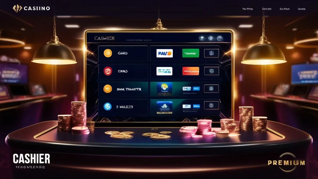 Tela de caixa de casino com ícones de pagamento e opções de levantamento