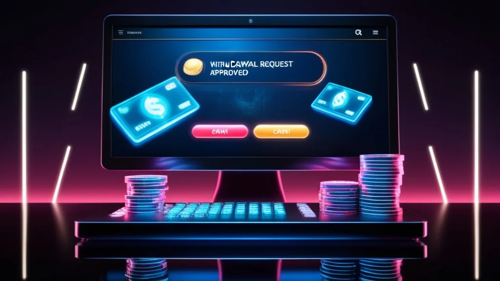 Terminal de casino com pedido de levantamento aprovado e ícones financeiros brilhando